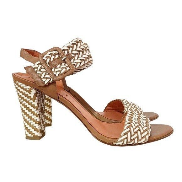 Via Spiga Woven Leather Heeled Ankle Strap Sandal Tan & White Women’s Size 9.5 - Picture 8 of 12